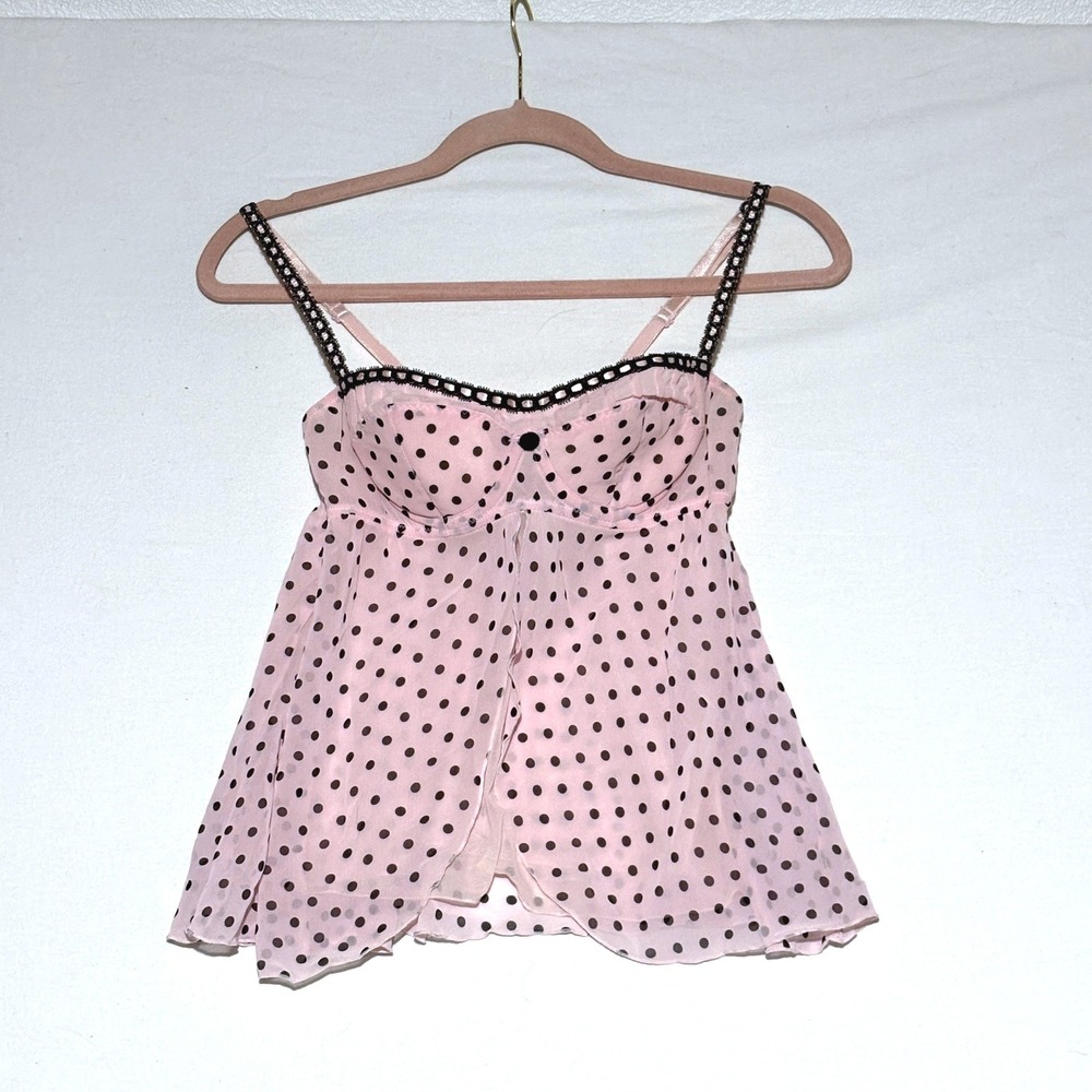 Vtg Y2K Delicates Babydoll Camisole Women Medium Pink Polka Dot Underwire Top